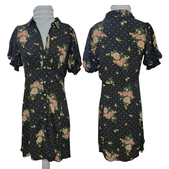 American Eagle Women Gray Floral Puff Sleeve Shirt Dress Goth Grunge Fest Sz XS - Picture 2 of 9